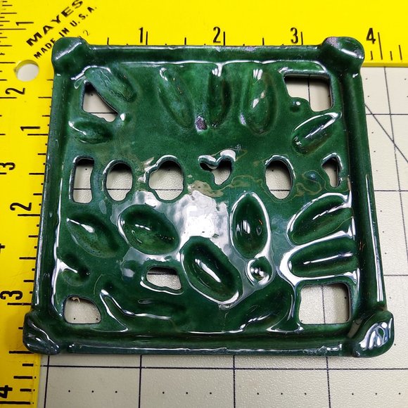 Small Square French Antique Green Enamel Trivet by O&Co Foliage Country Decor - Picture 8 of 9
